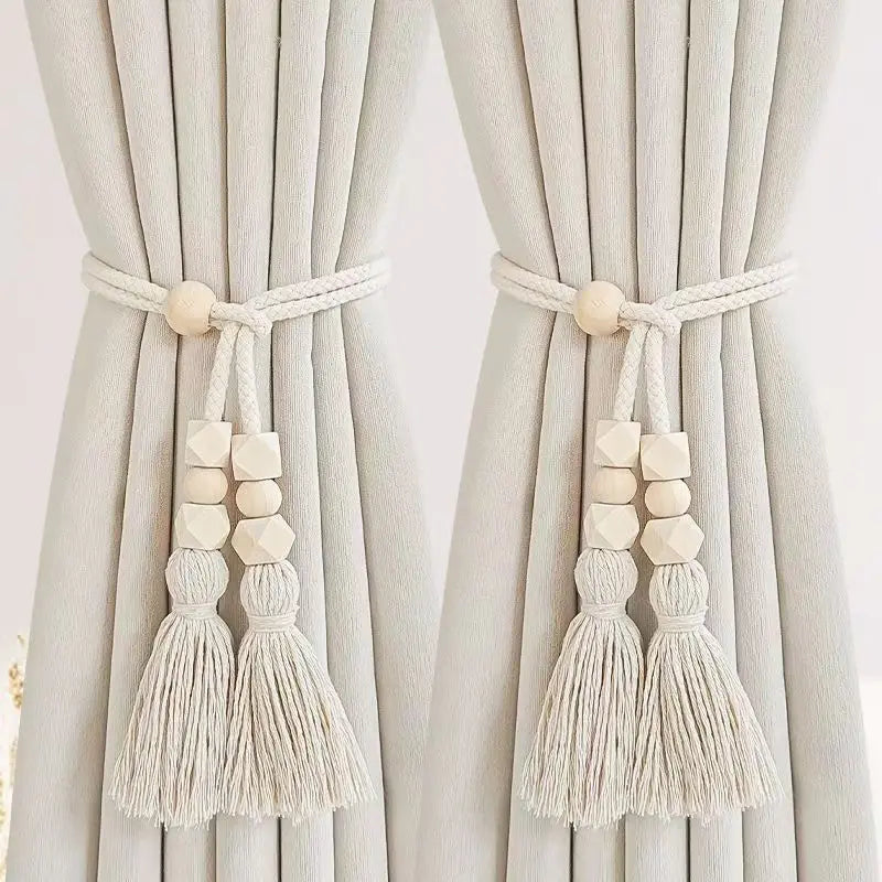 boucles rideau boho chic bois franges coton beige clair anneaux métalliques