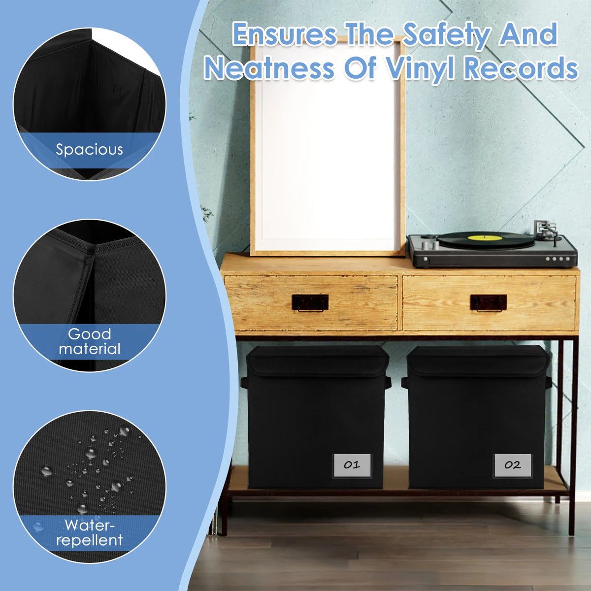 boîtes rangement vinyles moderne 33cm pièces noir poignées fermeture scratch respectueux environnement