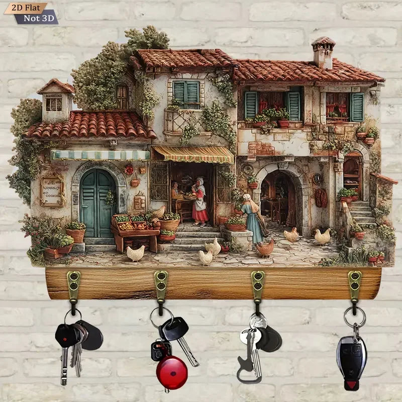 porte clés mural bois rural illustration maison poules décoratif clés bouteille ouverture vis fixations