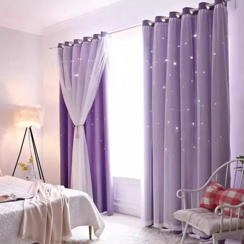 rideau double couche voile opaque motif étoiles blanches moderne romantique fenêtre salon maison
