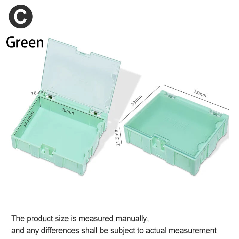 boîtes rangement électroniques vert rose bleu clips fermeture pratiques modernes