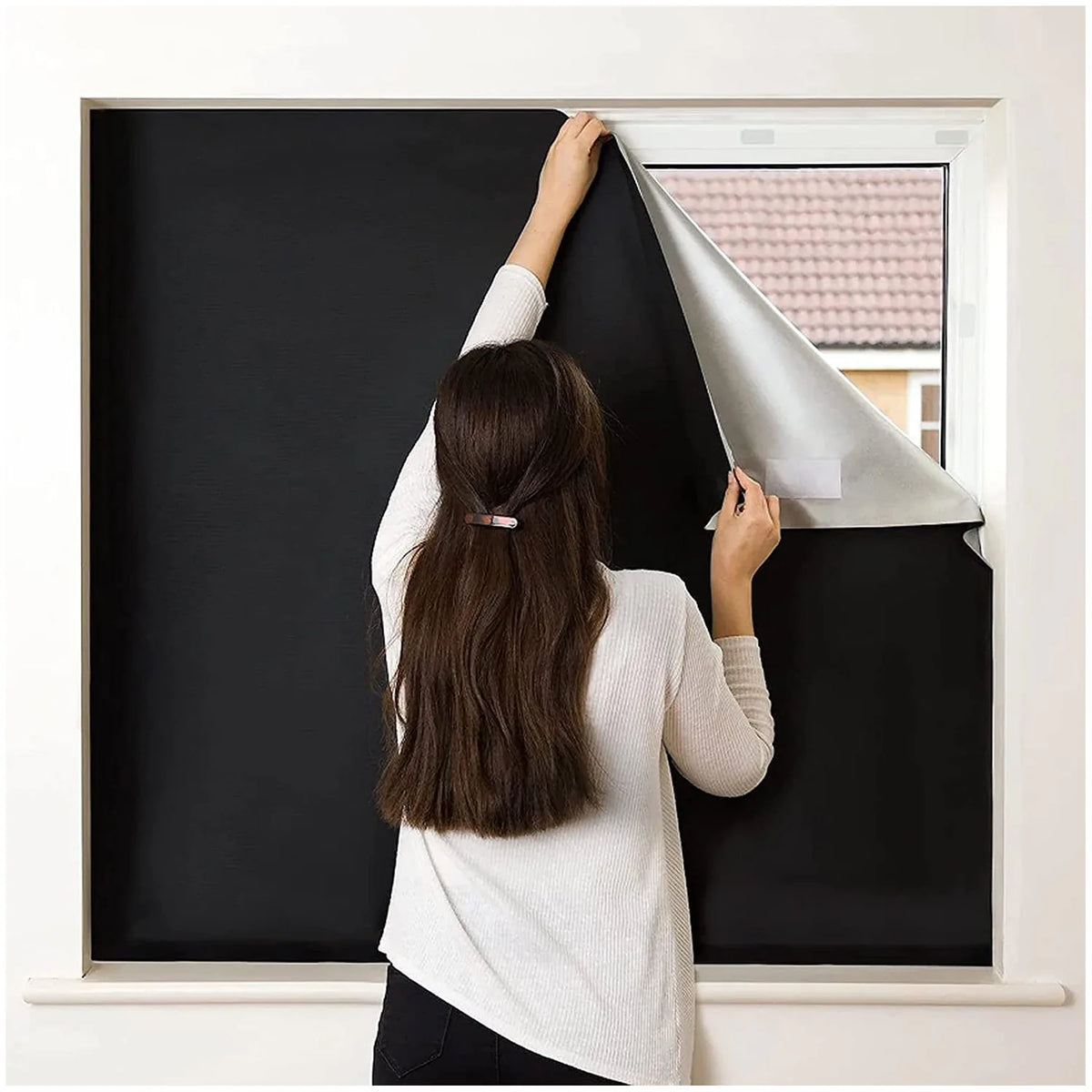 rideau occultant fenetre moderne polyester noir texturé adhésif velcro minimaliste 145x300cm