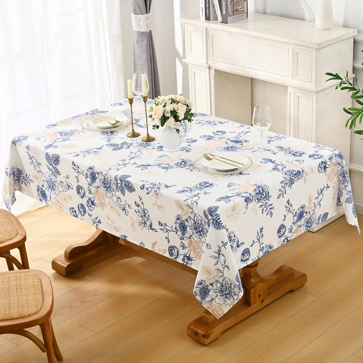nappe table fleurs bleues vintage polyester moderne réutilisable blanc beige classique