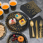 assiettes noires points dorés cuillères fourchettes couteaux gobelets serviettes tablecloth festif jetables moderne
