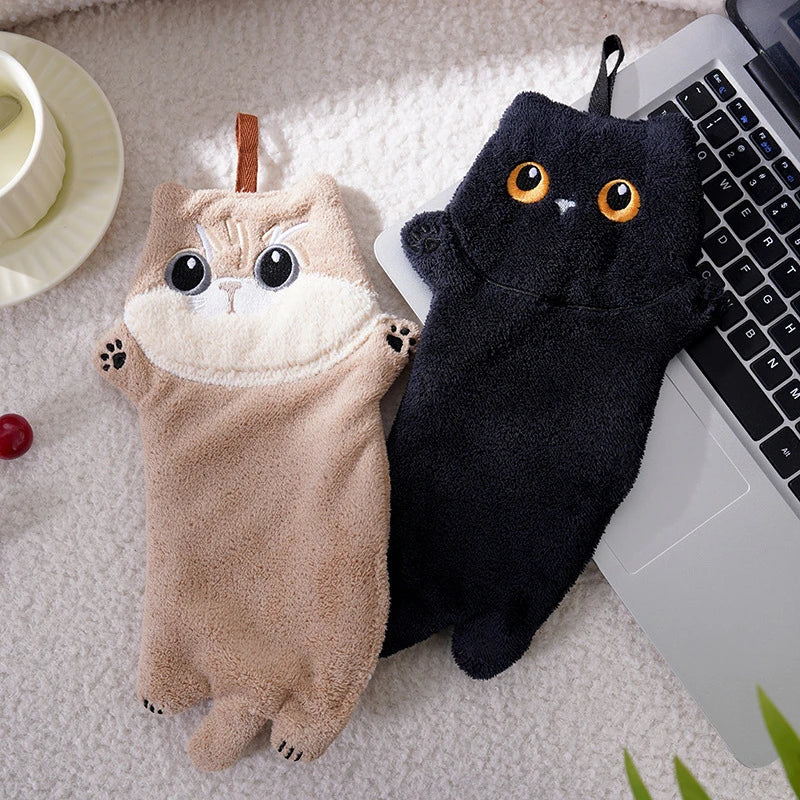 serviette toilette gant noir chat peluche super absorbante cordon cuisine salle bain