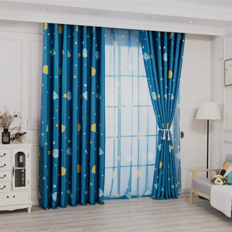 rideau planètes bleu étoiles moderne opacité ruban fixation chambre enfant bleu jaune blanc
