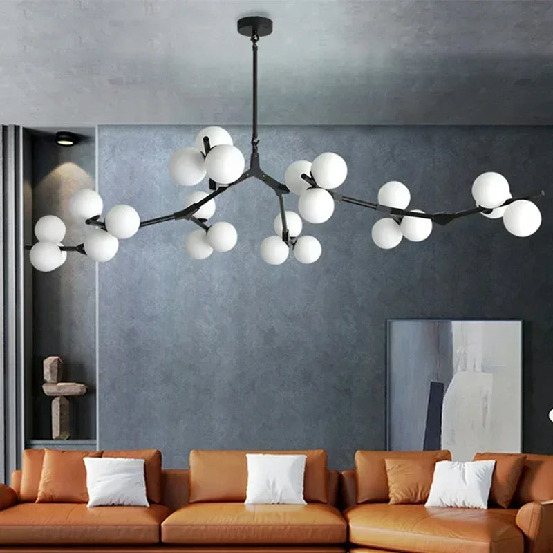 lustre suspension moderne boules verre translucides branches métal doré blanc salon salle manger