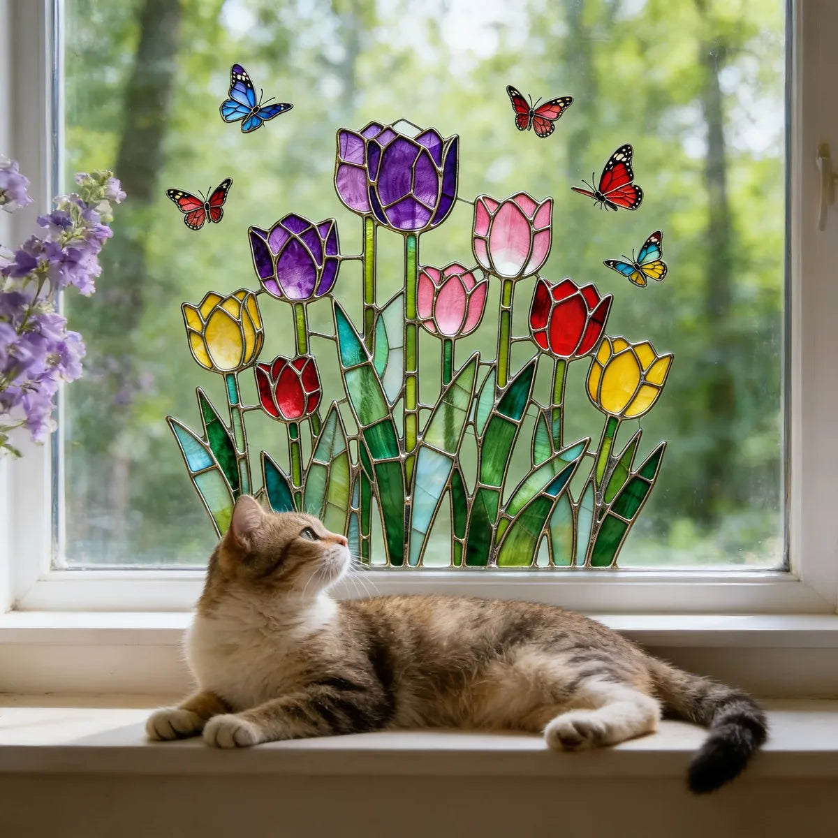 vitrail art nouveau tulipes papillons adhésif opaque multicolore décoration fenêtre