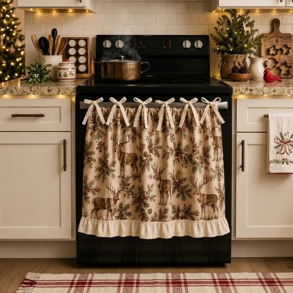 tablier cuisine noël motifs sapins étoiles boules poinsettia vintage opacité rubans fixations festive rustic