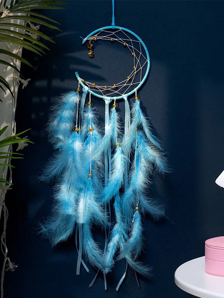 attrape rêves plumes lune boho rose bleu blanc décoratif chambre fil suspendu