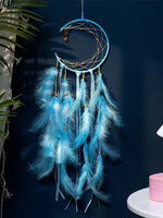 attrape rêves plumes lune boho rose bleu blanc décoratif chambre fil suspendu
