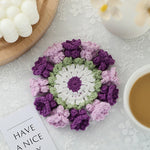 serviettes table crochet violet rose blanc fleurs relief coton polyester respectueux environnement artisanal main