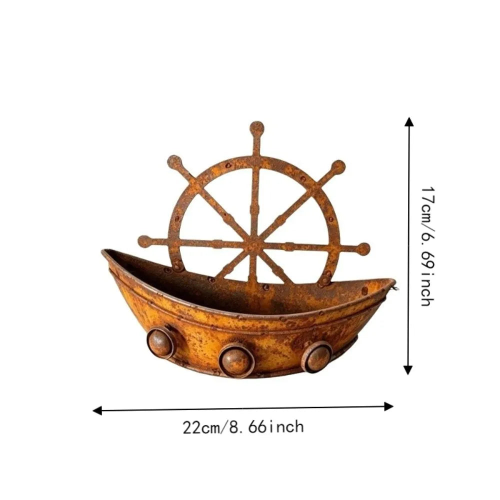 cache pot forme bateau marron rustique texture métal vieilli vintage succulentes gravierintérieur