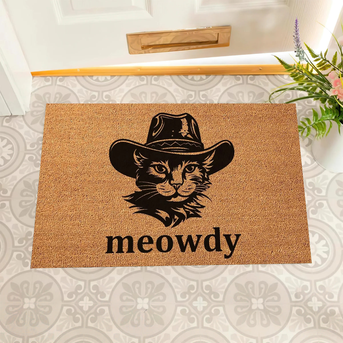 tapis d'entrée marron clair imprimé chat chapeau meowdy antidérapant résistant bactéries porte extérieur