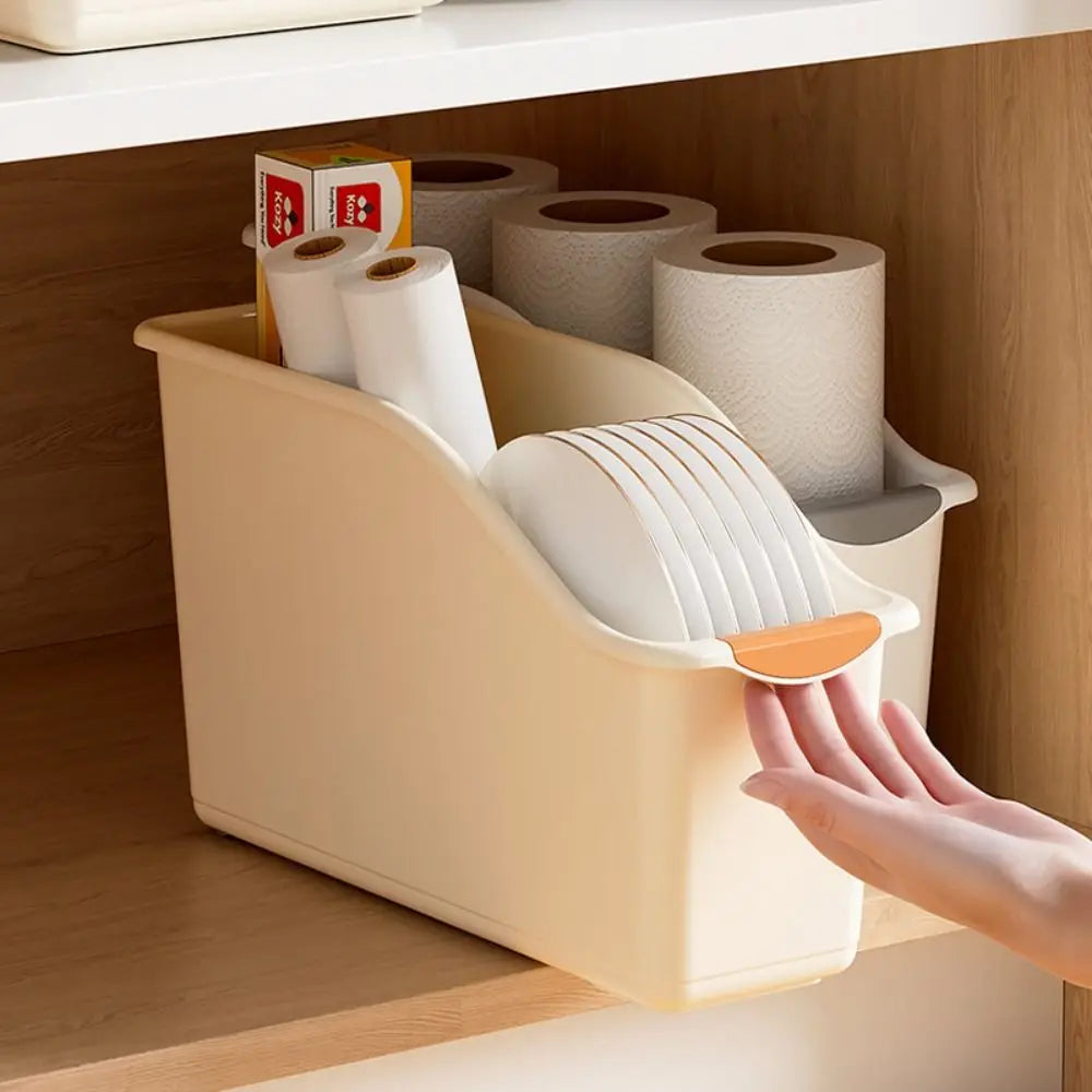 organisateur rangement moderne boîte tri plastique empilable compartiments multifonctionnels beige gris clair poignées bois