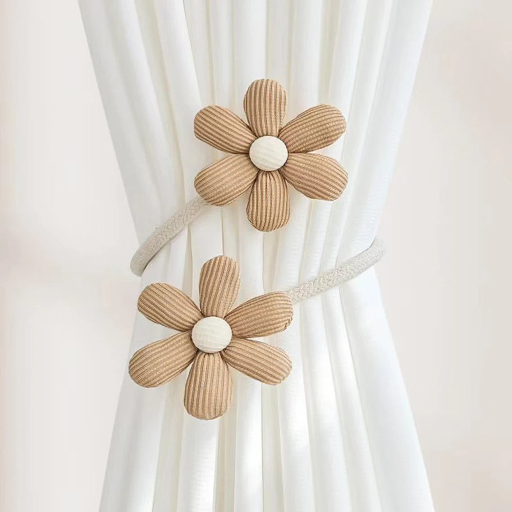 accessoires rideau fleurs texturées attaches ficelles bohème decor maison anneaux boucles tressées rustique