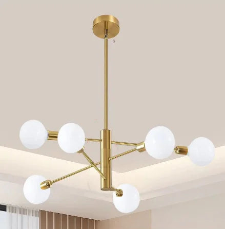 lustre moderne 10 ampoules doré noir chrome sphères blanches structure métallique scandinave