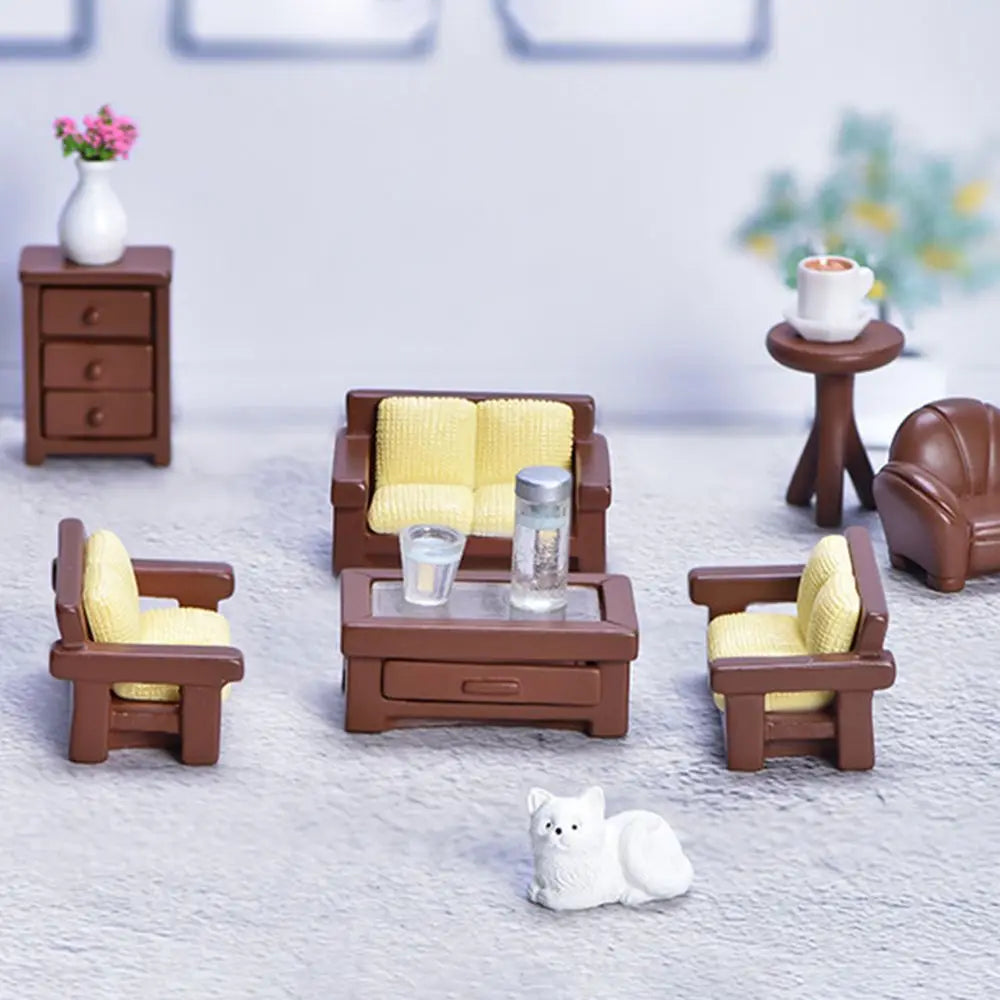miniature meubles salon moderne fauteuils table basse commode décorations maison résine beige marron blanc