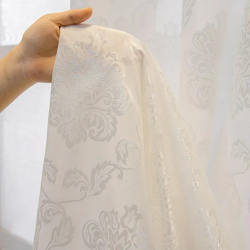 rideau blanc tulle brodé floral semi transparent anneaux salon chambre fenêtre classique