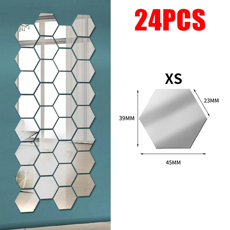 miroir hexagonal acrylique adhésif mural décoratif mosaïque brillant argenté doré gris clair moderne