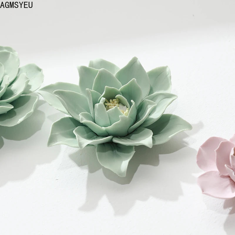 décoration murale céramique fleur lotus magnolia vert rose gris moderne salon chambre coucher