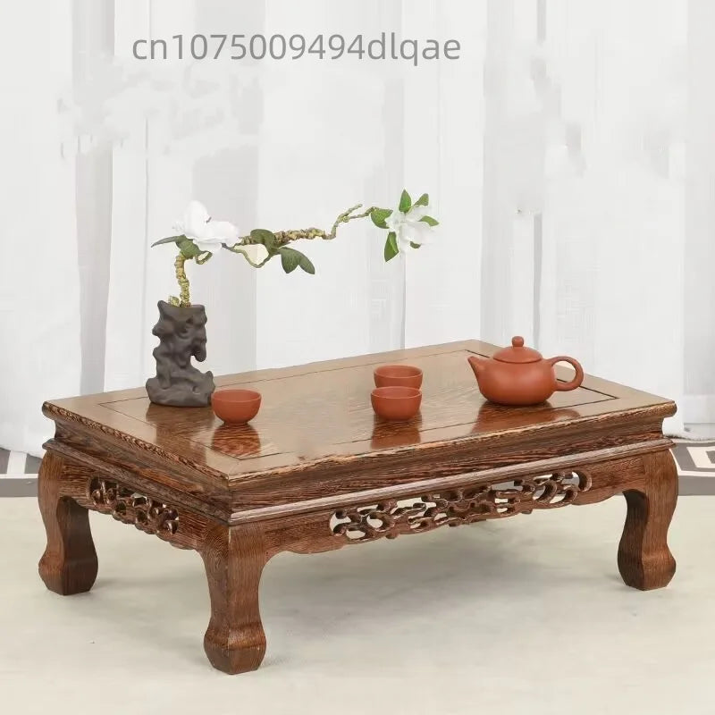 présentoir bois sculpté marron motifs complexes reliefs plantes bonsaï vases fleurs théière tasses déco