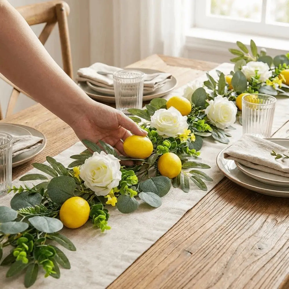 guirlande fleurs artificielles feuilles vertes citrons jaunes fleurs blanches naturel rustique decoration intérieure fête