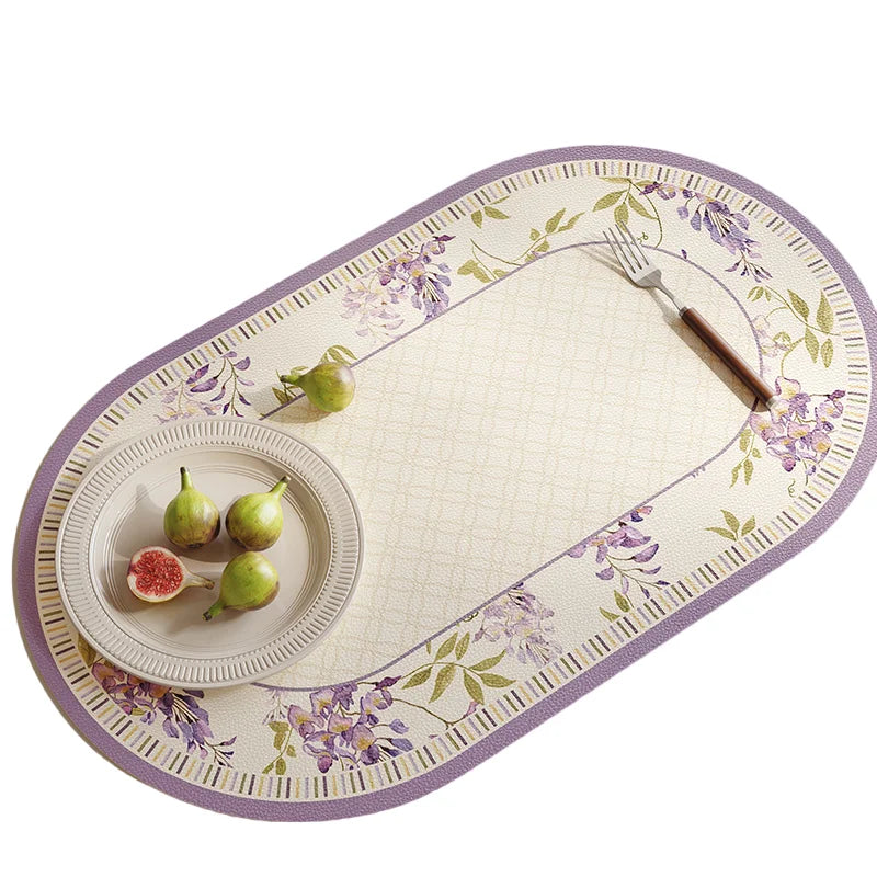 tapis table violet vert beige fleurs feuilles bordure rayée classique floral resistant pvc 30x50cm