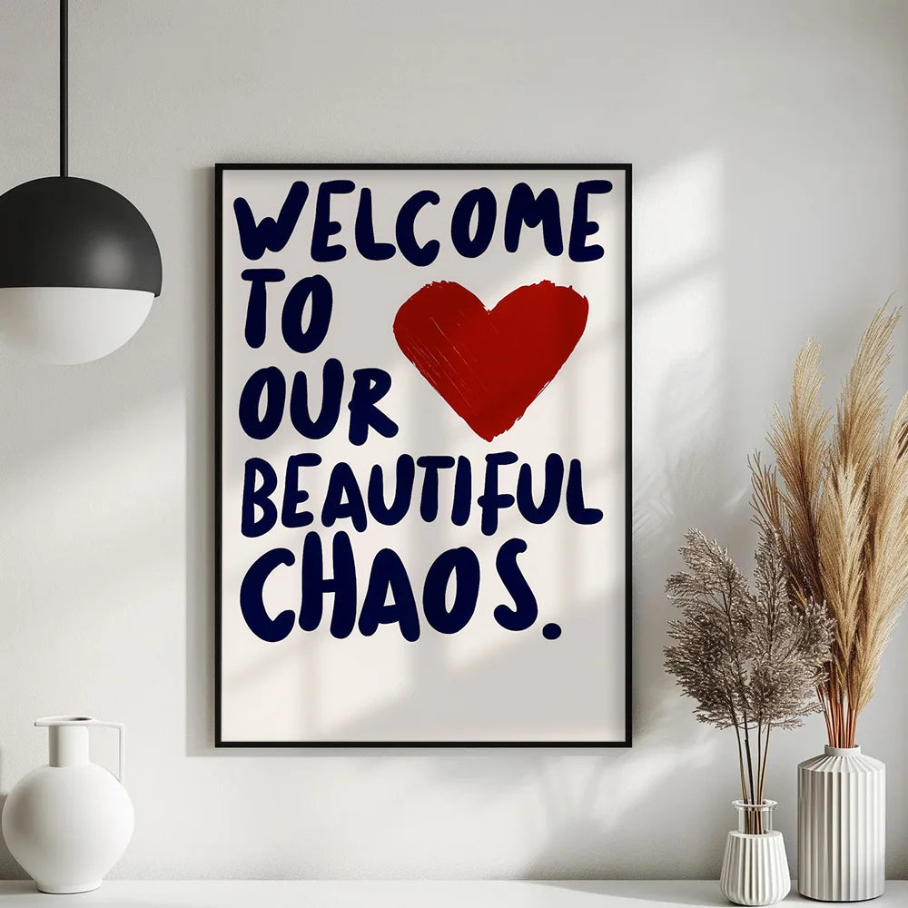 affiche moderne bienvenue chaos cœur lettre rouge texte stylé toile transparente valentin wall art