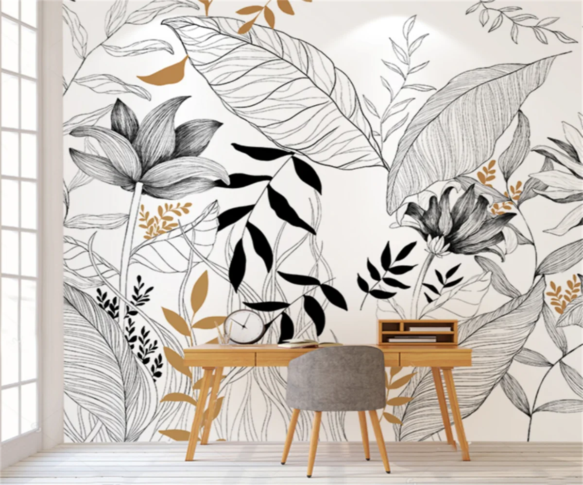 Papier peint mural feuilles tropicales noir et blanc salon
