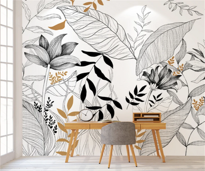Papier peint mural feuilles tropicales noir et blanc salon