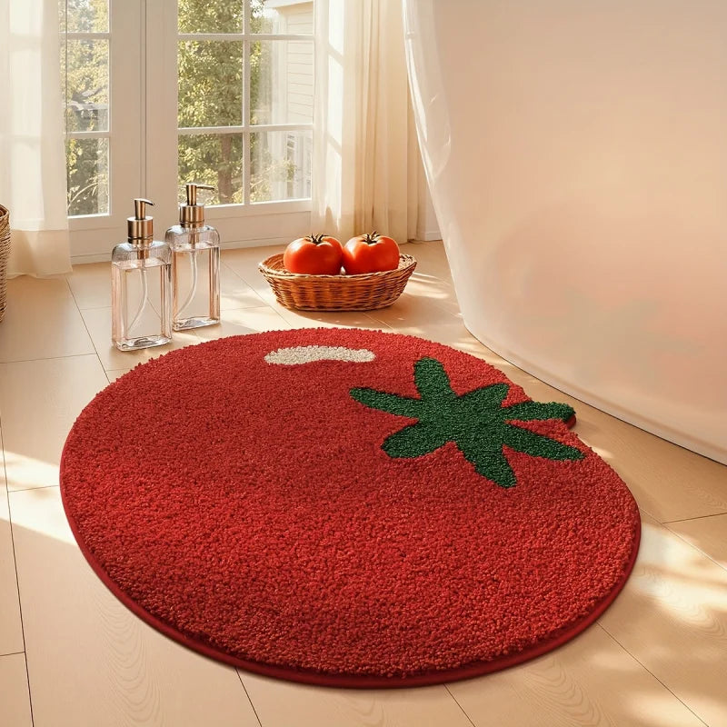 tapis rond decoratif moderne tomate poilue rouge vert crème dimension 50cm 80cm salon chambre