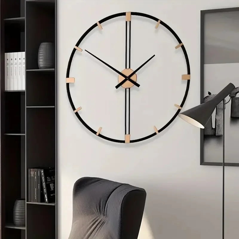 horloge murale moderne 60cm cadre noir transparent aiguilles numéros dorés quartz métal