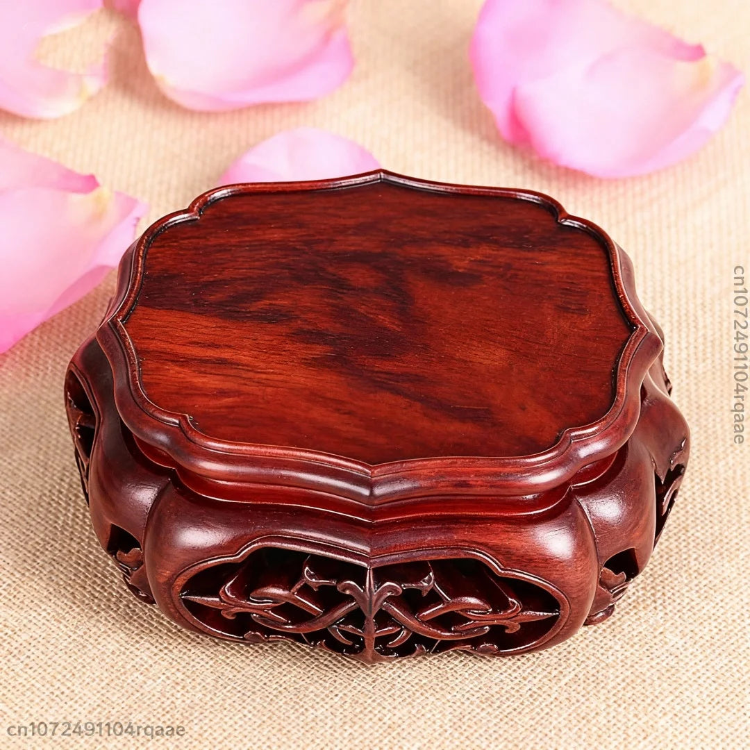support décoratif bois gravures classique vase pot fleur tasse thé rouge foncé