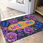 tapis sol moderne violet papillons fleurs bienvenue extérieur résistant polyester