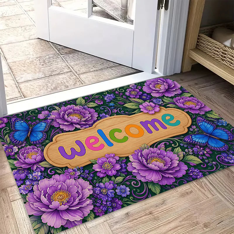 tapis sol moderne violet papillons fleurs bienvenue extérieur résistant polyester
