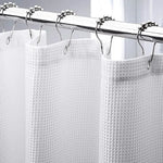 rideau douche blanc texture points moderne anneaux métalliques polyester opacité chambre salle bain