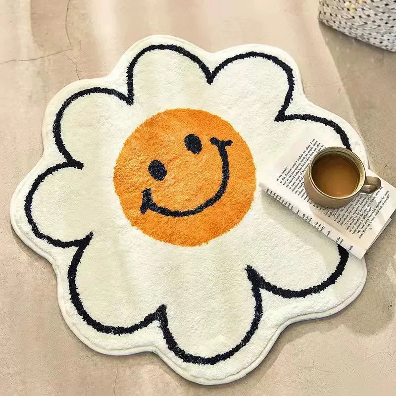 tapis rond décoratif motif fleur sourire doux salon chambre enfant intérieur moderne coloré