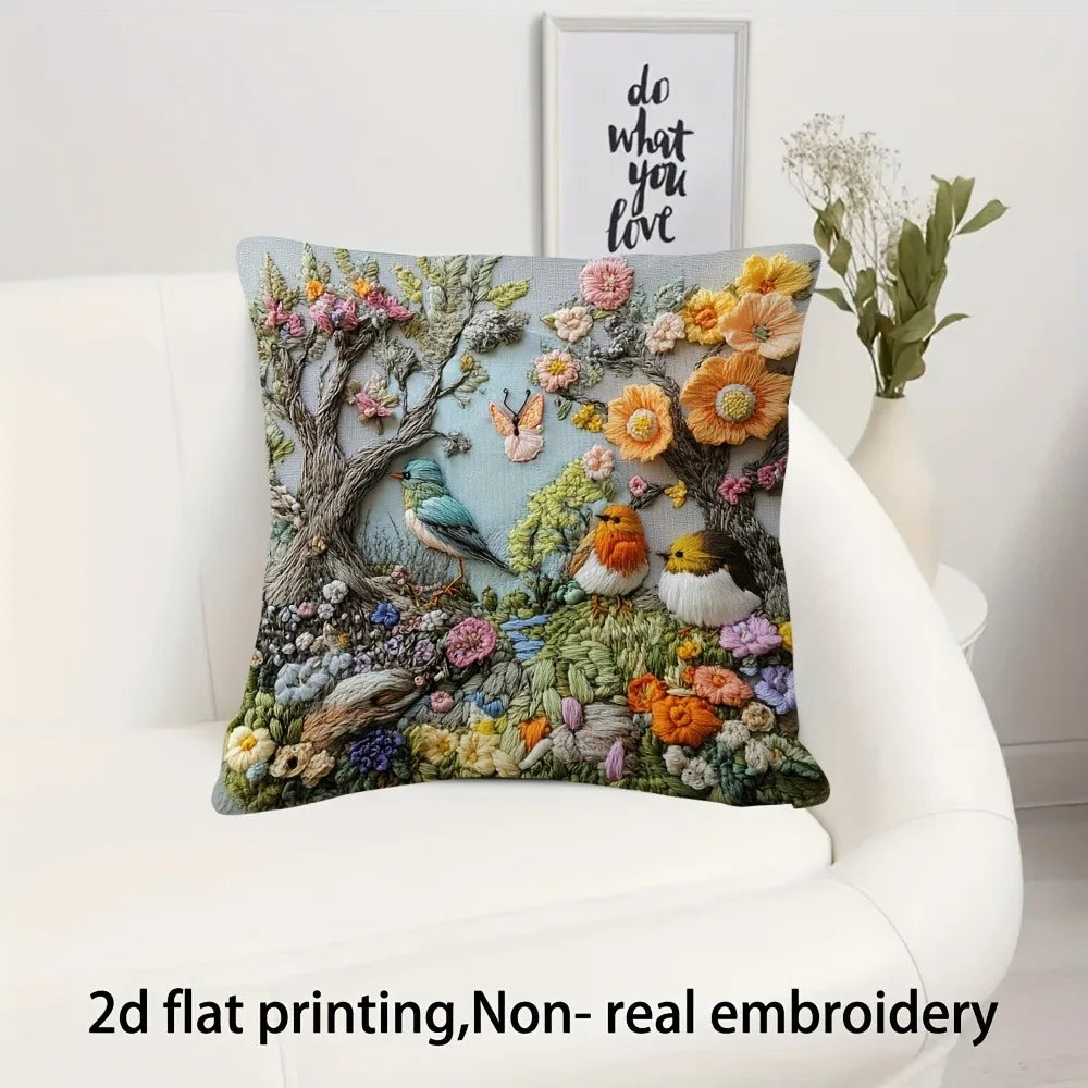 coussin brodé oiseaux fleurs artisanal maison polyester bleu marron vert orange Jaune rose blanc