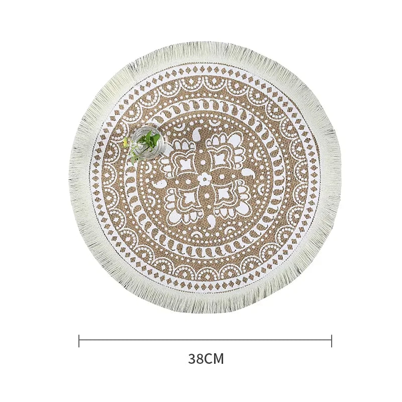 tapis rond boho chic motif floral franges beige clair salon chambre coucher moderne geometrique