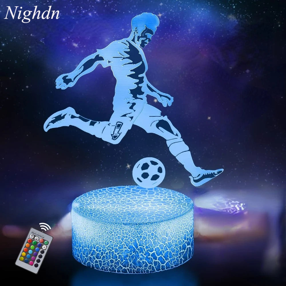 lampe 3d illusion football silhouettes bleu blanc télécommande recharge usb
