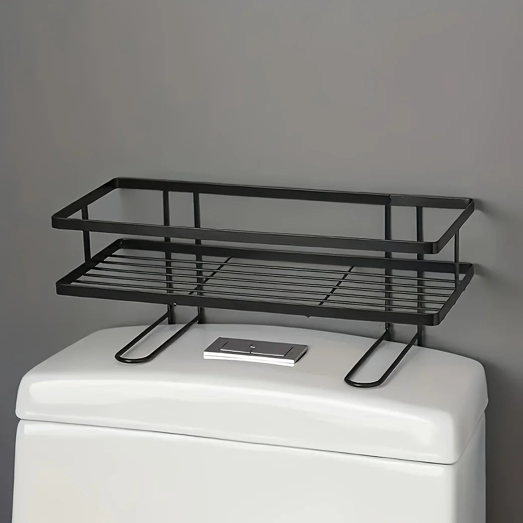étagère toilette moderne noire blanche grille métallique clips fixation rangement salle bain produits soins