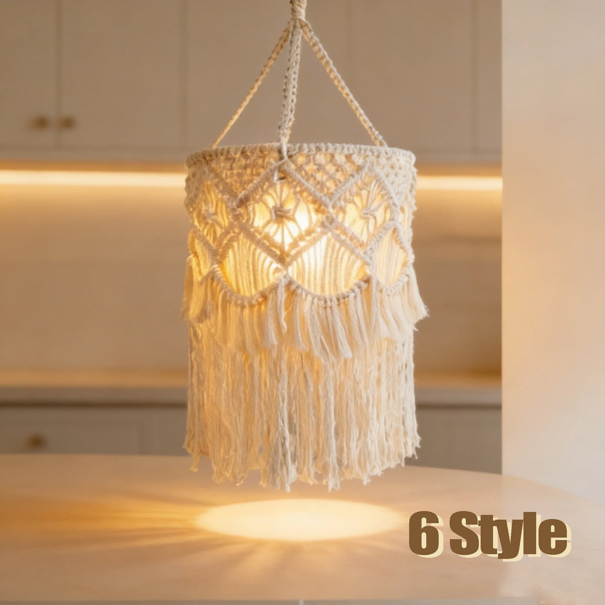 lampe suspendue macramé boho franges coton main beige clair décorative artisanale