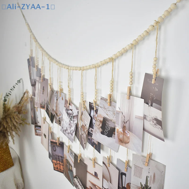 cadre mural photos boho bois ficelle macramé beige blanc rustique