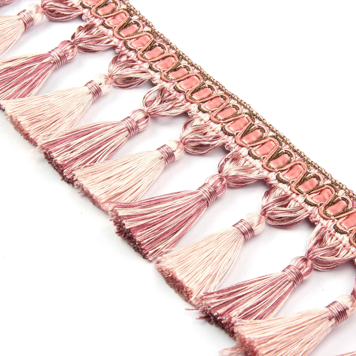 ruban franges polyester rose pâle rose clair gris clair noir beige motifs dorés classique