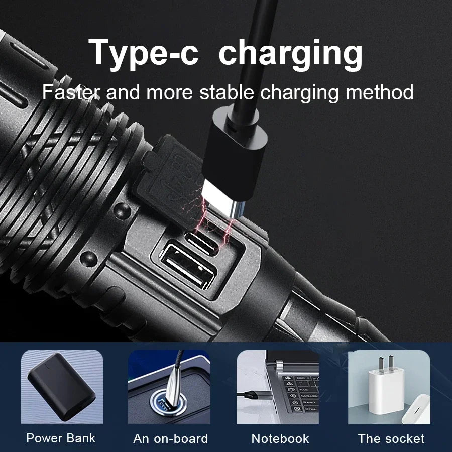 projecteur led rechargeable longue portée lumiere intense tactique hightech mode variateur résistant chocs