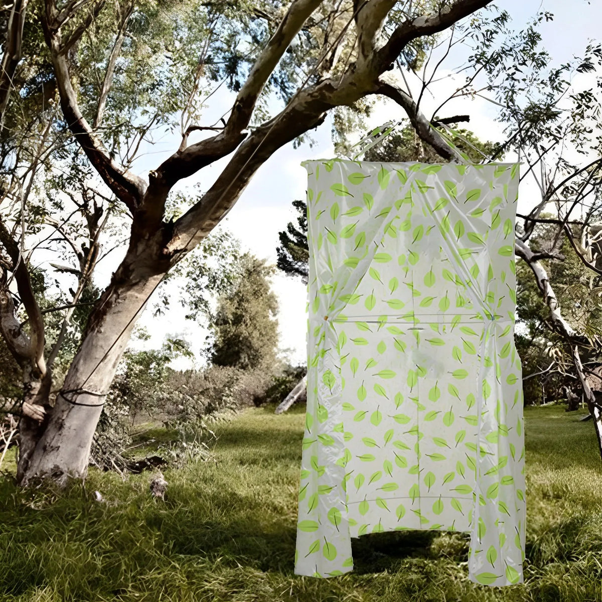 rideau extérieur tente cabine dôme bleu blanc motifs feuilles imperméable polyester cloison semi transparent