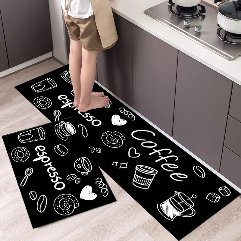 tapis cuisine moderne motifs ustensiles fruits ananas noir blanc orange vert gris rose bleu