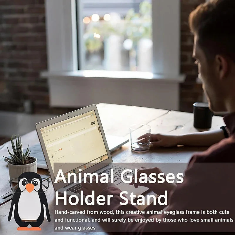 porte lunettes forme animaux pingouin singe bois créatif fonctionnel adhésif