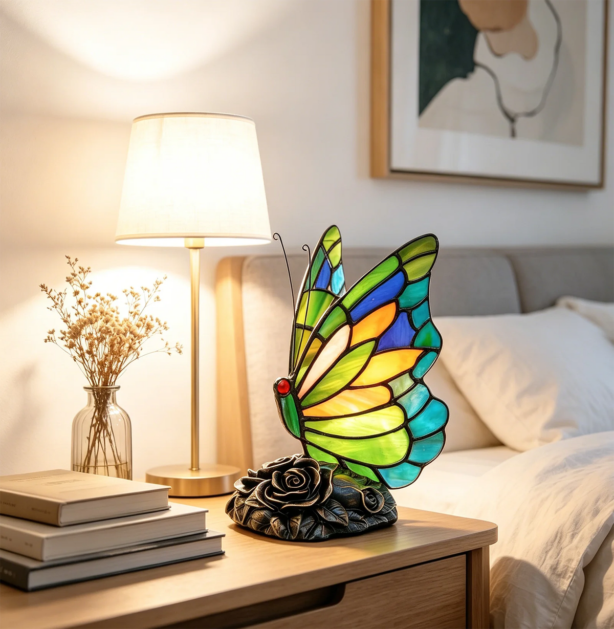 lampe table tiffany papillon floral verte bleue opacité vitrail artisanal chambre